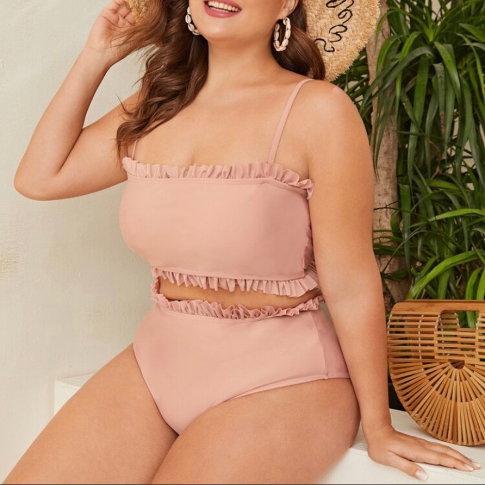 Plus Frill Trim High Waisted Bikini Swimsuit